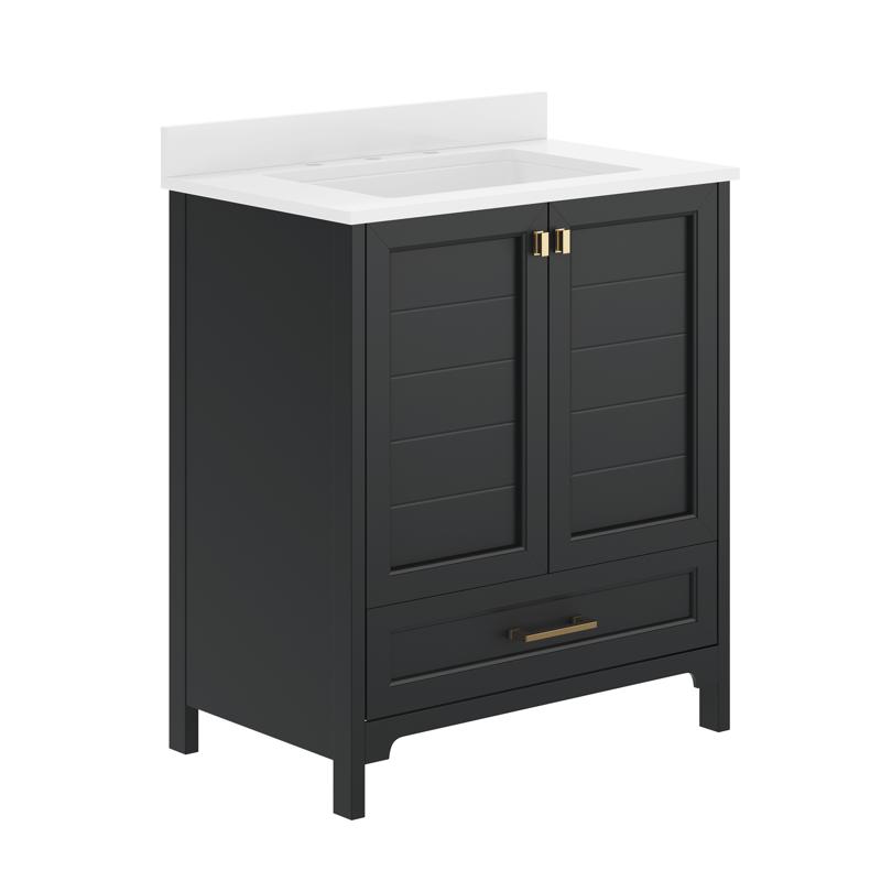 Flash Furniture Haven 30" Bathroom Vanity With Sink Storage Cabinet With Gold Hardware Soft Close Doors And Bottom Drawer Carrara Marble Finish Countertop Black