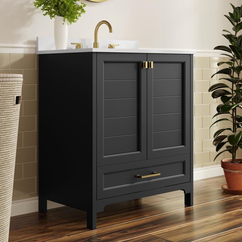 flash furniture Haven 30" Bathroom Vanity with Sink Storage Cabinet with Gold Hardware Soft Close Doors and Bottom Drawer Carrara Marble Finish Countertop Black
