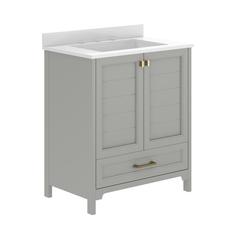 Flash Furniture Haven 30" Bathroom Vanity With Sink Storage Cabinet With Gold Hardware Soft Close Doors And Bottom Drawer Carrara Marble Finish Countertop Gray