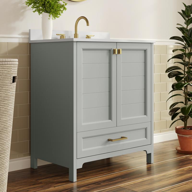 flash furniture Haven 30" Bathroom Vanity with Sink Storage Cabinet with Gold Hardware Soft Close Doors and Bottom Drawer Carrara Marble Finish Countertop Gray