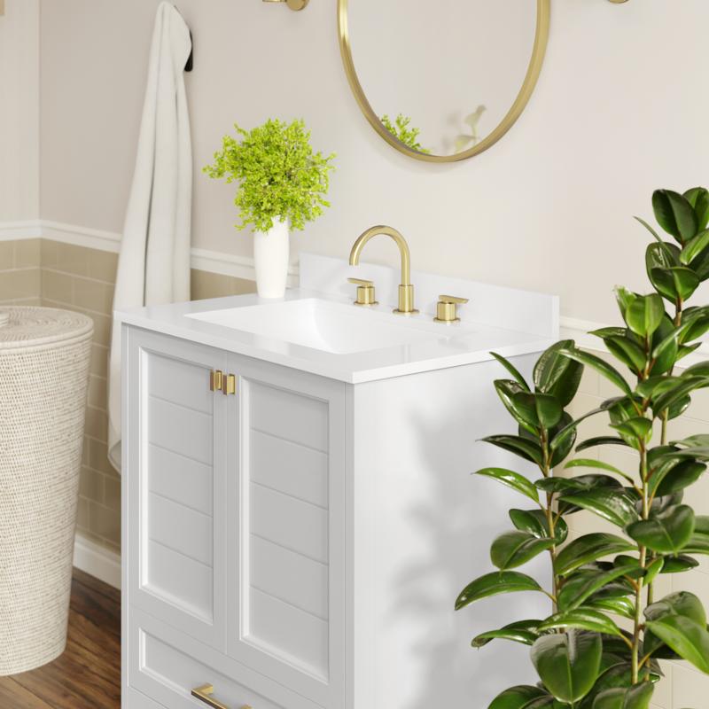 Flash Furniture Haven 30" Bathroom Vanity With Sink Storage Cabinet With Gold Hardware Soft Close Doors And Bottom Drawer Carrara Marble Finish Countertop White