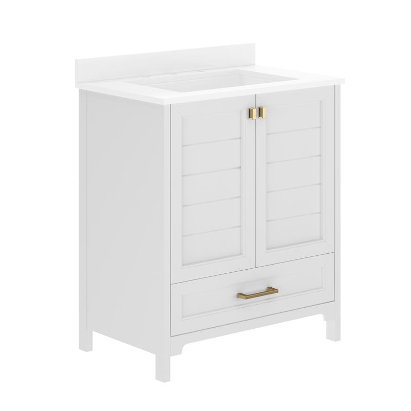 Flash Furniture Haven 30" Bathroom Vanity With Sink Storage Cabinet With Gold Hardware Soft Close Doors And Bottom Drawer Carrara Marble Finish Countertop White