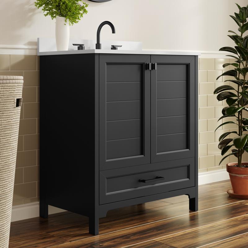flash furniture Haven 30" Bathroom Vanity with Sink Storage Cabinet with Black Hardware Soft Close Doors and Bottom Drawer Carrara Marble Finish Countertop Black