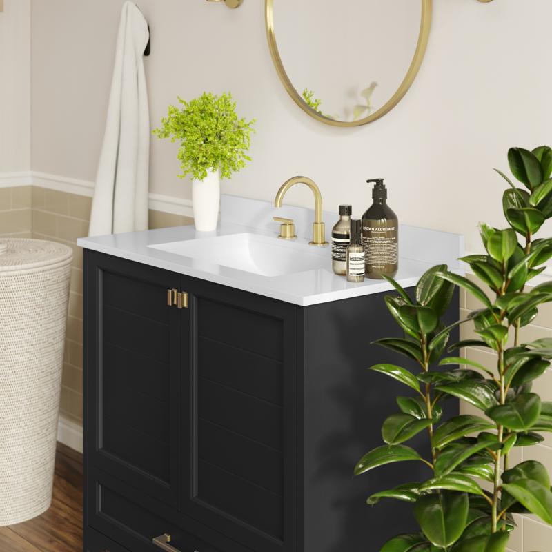 Flash Furniture Haven 36" Bathroom Vanity With Sink Storage Cabinet With Gold Hardware Soft Close Doors And Bottom Drawer Carrara Marble Finish Countertop Black