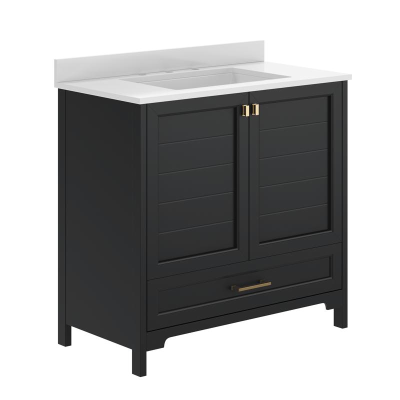 Flash Furniture Haven 36" Bathroom Vanity With Sink Storage Cabinet With Gold Hardware Soft Close Doors And Bottom Drawer Carrara Marble Finish Countertop Black