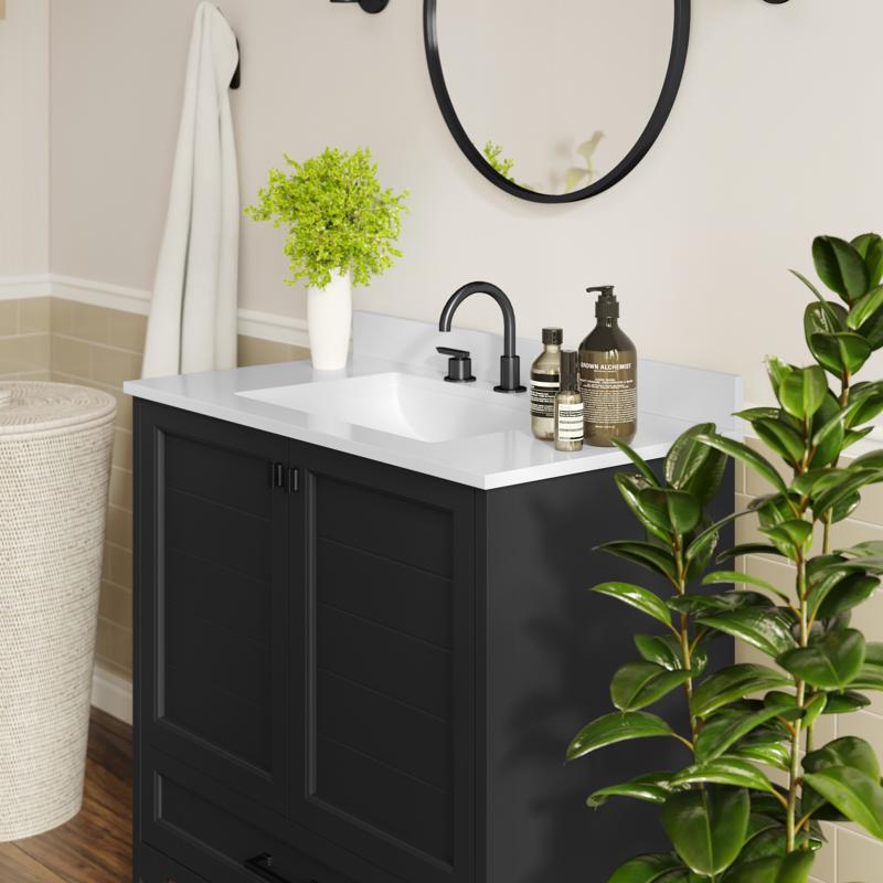 Flash Furniture Haven 36" Bathroom Vanity With Sink Storage Cabinet With Black Hardware Soft Close Doors And Bottom Drawer Carrara Marble Finish Countertop Black