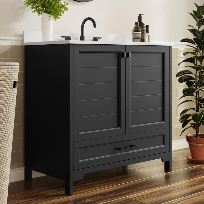 flash furniture Haven 36" Bathroom Vanity with Sink Storage Cabinet with Black Hardware Soft Close Doors and Bottom Drawer Carrara Marble Finish Countertop Black