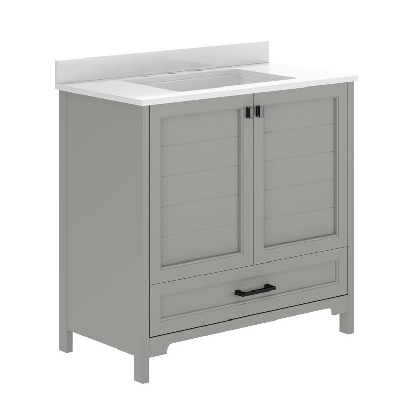 Flash Furniture Haven 36" Bathroom Vanity With Sink Storage Cabinet With Black Hardware Soft Close Doors And Bottom Drawer Carrara Marble Finish Countertop Gray