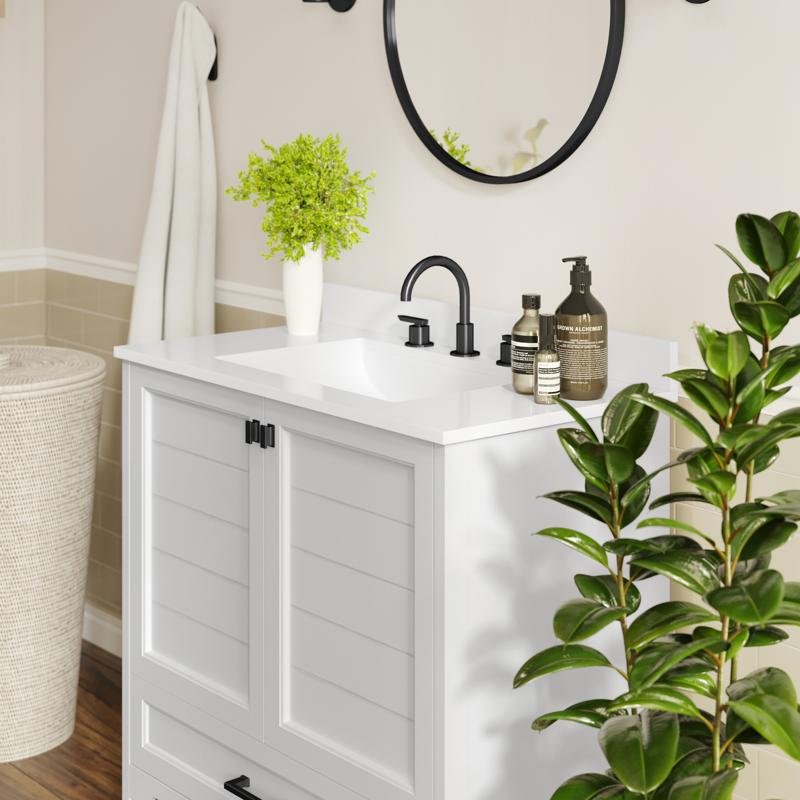Flash Furniture Haven 36" Bathroom Vanity With Sink Storage Cabinet With Black Hardware Soft Close Doors And Bottom Drawer Carrara Marble Finish Countertop White
