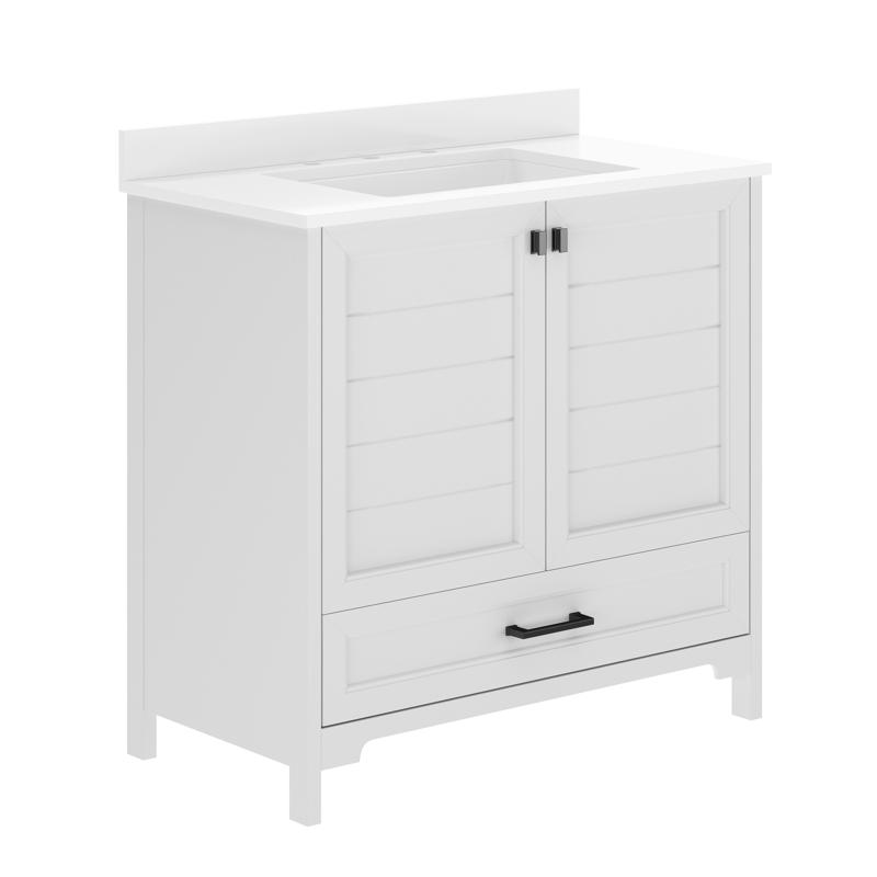 Flash Furniture Haven 36" Bathroom Vanity With Sink Storage Cabinet With Black Hardware Soft Close Doors And Bottom Drawer Carrara Marble Finish Countertop White