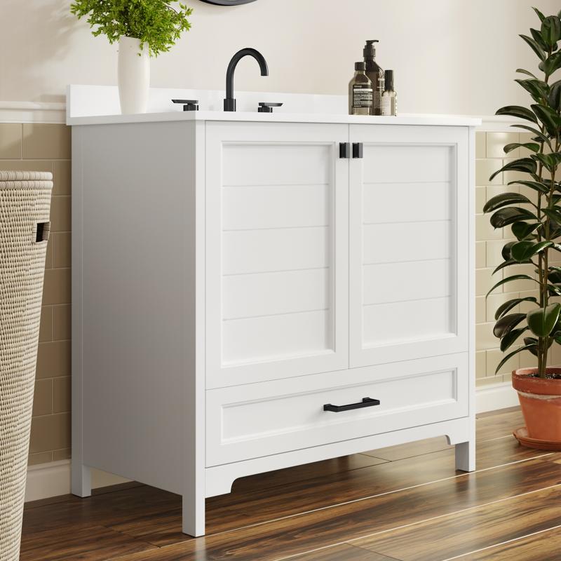 flash furniture Haven 36" Bathroom Vanity with Sink Storage Cabinet with Black Hardware Soft Close Doors and Bottom Drawer Carrara Marble Finish Countertop White