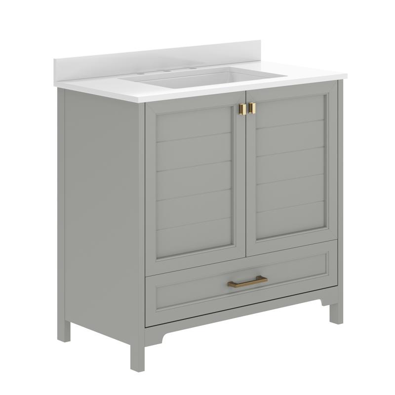 Flash Furniture Haven 36" Bathroom Vanity With Sink Storage Cabinet With Gold Hardware Soft Close Doors And Bottom Drawer Carrara Marble Finish Countertop Gray