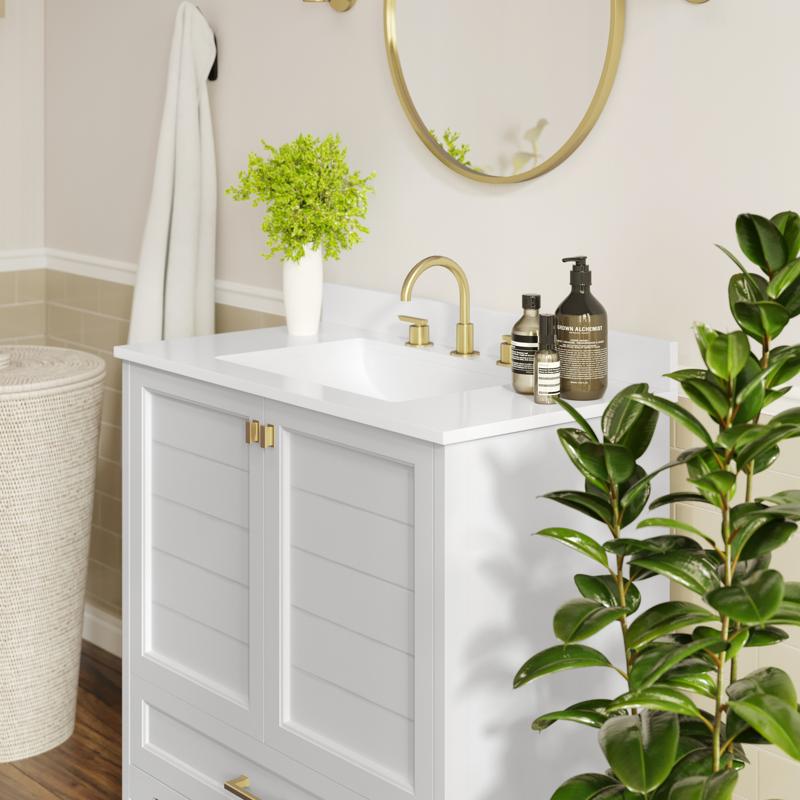 Flash Furniture Haven 36" Bathroom Vanity With Sink Storage Cabinet With Gold Hardware Soft Close Doors And Bottom Drawer Carrara Marble Finish Countertop White