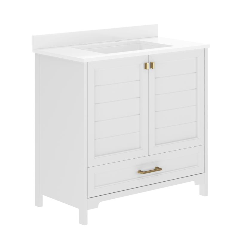 Flash Furniture Haven 36" Bathroom Vanity With Sink Storage Cabinet With Gold Hardware Soft Close Doors And Bottom Drawer Carrara Marble Finish Countertop White