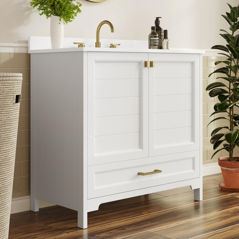 flash furniture Haven 36" Bathroom Vanity with Sink Storage Cabinet with Gold Hardware Soft Close Doors and Bottom Drawer Carrara Marble Finish Countertop White