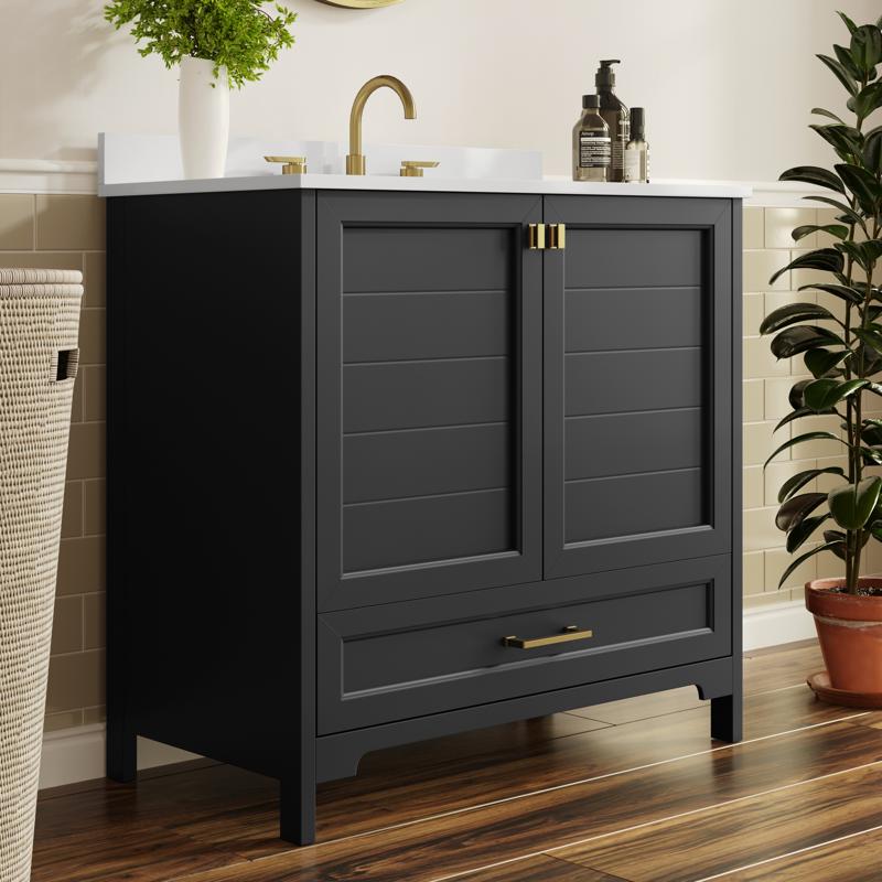 flash furniture Haven 36" Bathroom Vanity with Sink Storage Cabinet with Gold Hardware Soft Close Doors and Bottom Drawer Carrara Marble Finish Countertop Black