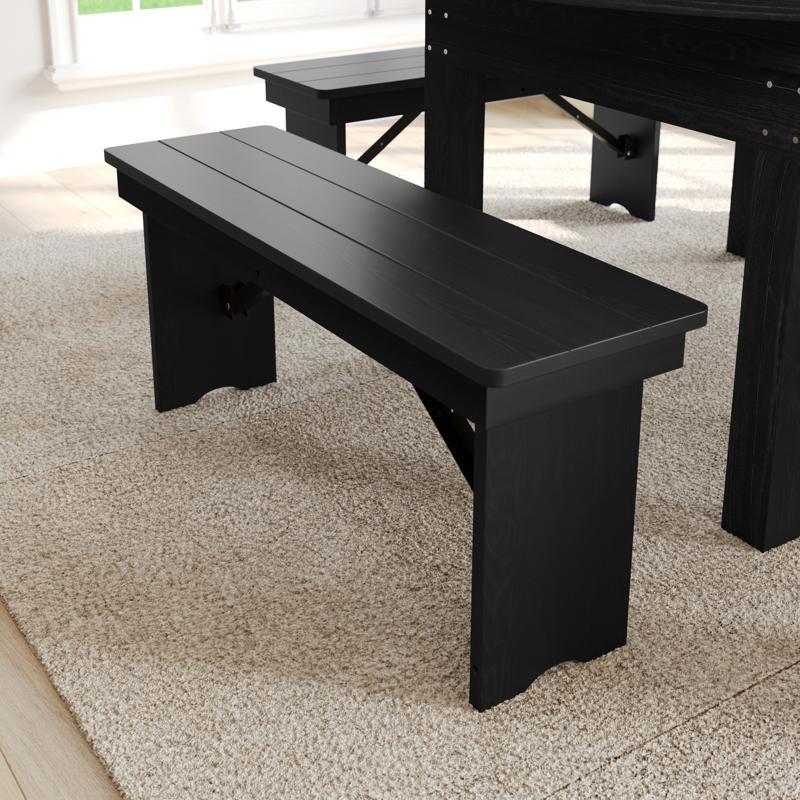 Flash Furniture HERCULES 40" X 12" Black Wash Commercial Antique Solid Pine Farmhouse Folding Bench With Foldable Locking Legs
