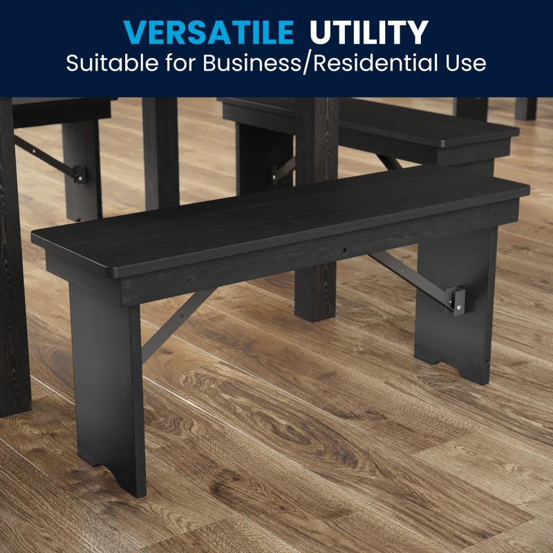 Flash Furniture HERCULES 40" X 12" Black Wash Commercial Antique Solid Pine Farmhouse Folding Bench With Foldable Locking Legs