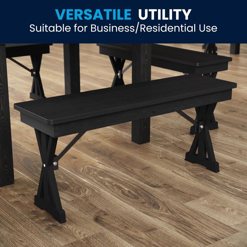 Flash Furniture HERCULES 40" X 12" Black Wash Commercial Antique Solid Pine Farmhouse Folding Bench With Foldable Locking X-Legs