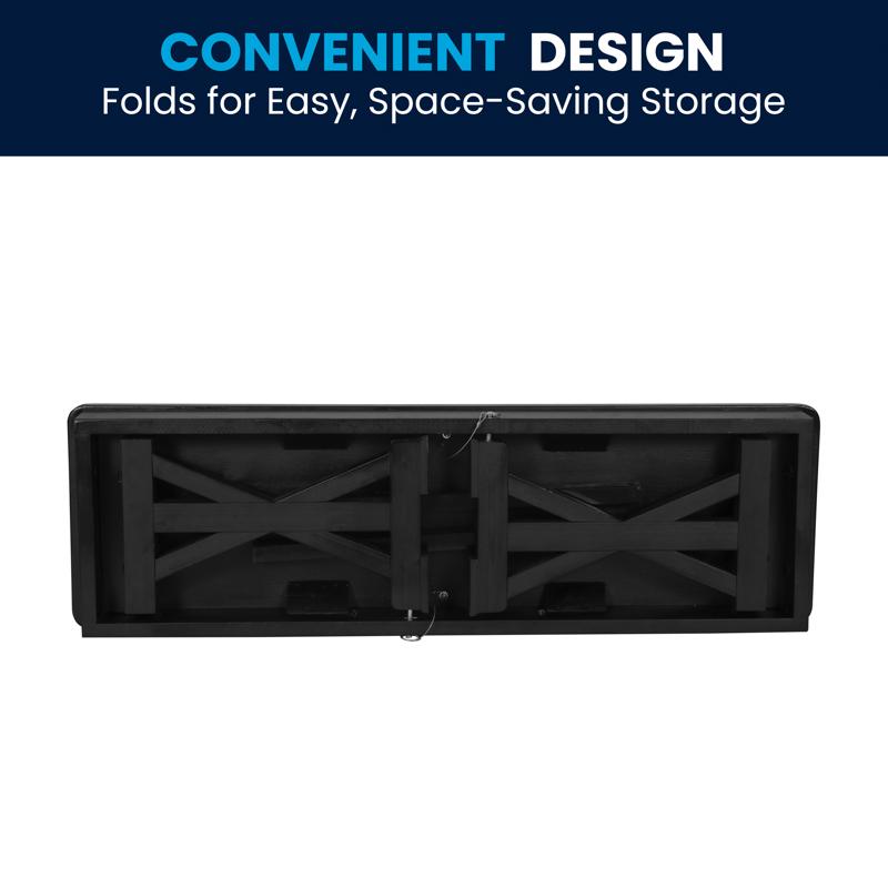 Flash Furniture HERCULES 40" X 12" Black Wash Commercial Antique Solid Pine Farmhouse Folding Bench With Foldable Locking X-Legs