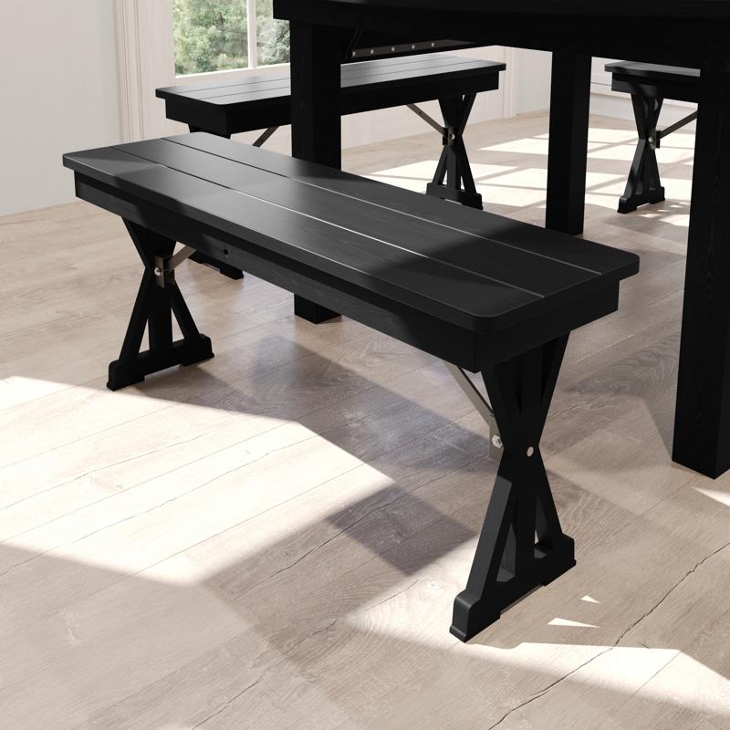flash furniture HERCULES 40" x 12" Black Wash Commercial Antique Solid Pine Farmhouse Folding Bench with Foldable Locking X-Legs