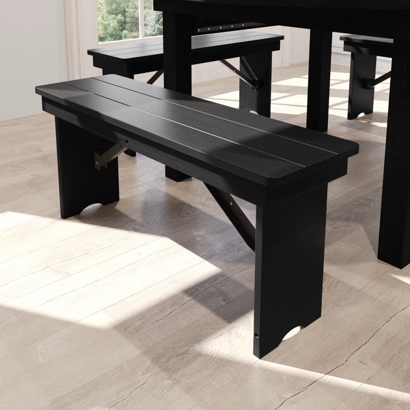 flash furniture HERCULES 40" x 12" Black Wash Commercial Antique Solid Pine Farmhouse Folding Bench with Foldable Locking Legs