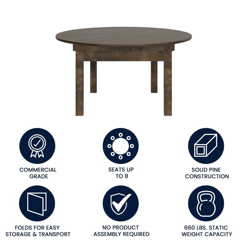 Flash Furniture HERCULES 60" Round Mahogany Commercial Farmhouse Folding Table Antique Rustic Solid Pine Dining Room Table With Foldable Locking Legs