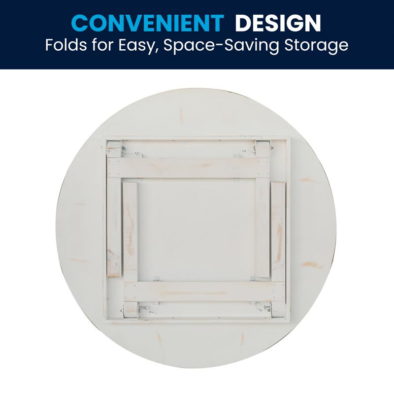 Flash Furniture HERCULES 60" Round White Commercial Farmhouse Folding Table Antique Rustic Solid Pine Dining Room Table With Foldable Locking Legs