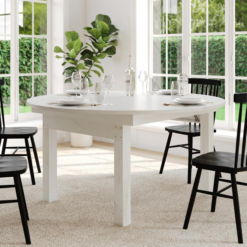 flash furniture HERCULES 60" Round White Commercial Farmhouse Folding Table Antique Rustic Solid Pine Dining Room Table with Foldable Locking Legs
