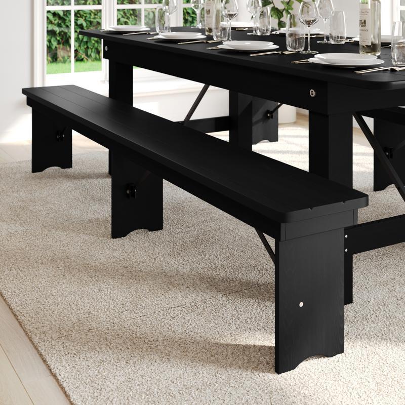 Flash Furniture HERCULES 8' X 12'' Black Wash Commercial Antique Solid Pine Farmhouse Folding Bench With Foldable Locking Legs
