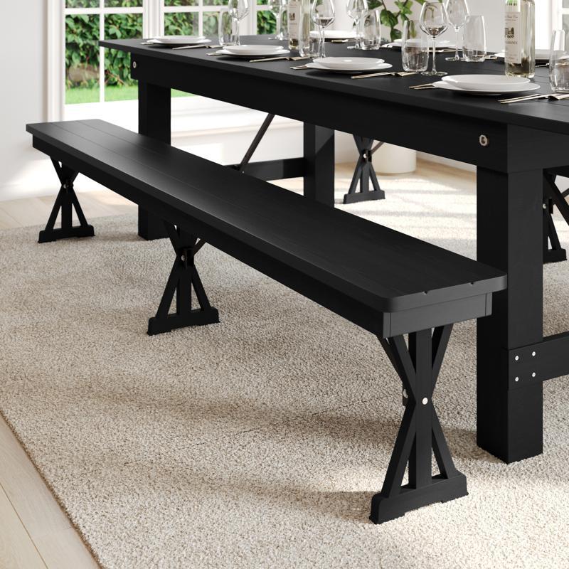 Flash Furniture HERCULES 8' X 12'' Black Wash Commercial Antique Solid Pine Farmhouse Folding Bench With Foldable Locking X-Legs