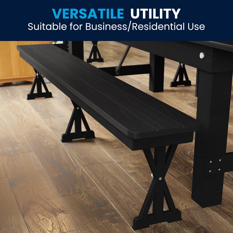 Flash Furniture HERCULES 8' X 12'' Black Wash Commercial Antique Solid Pine Farmhouse Folding Bench With Foldable Locking X-Legs