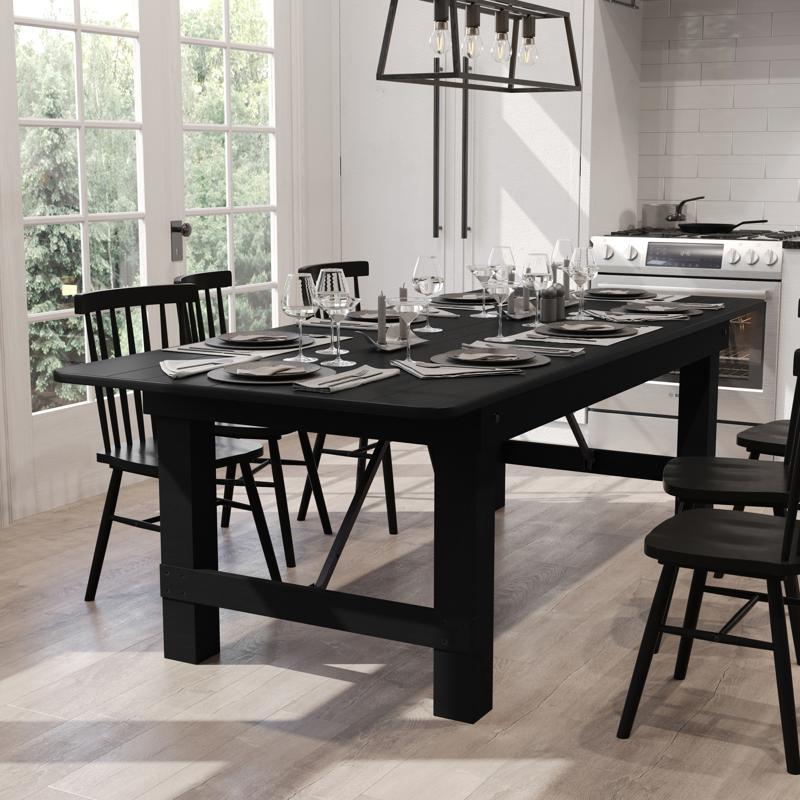 flash furniture HERCULES 8' x 40" Rectangular Black Wash Commercial Farmhouse Folding Table Antique Rustic Solid Pine Dining Room Table with Foldable Locking Legs