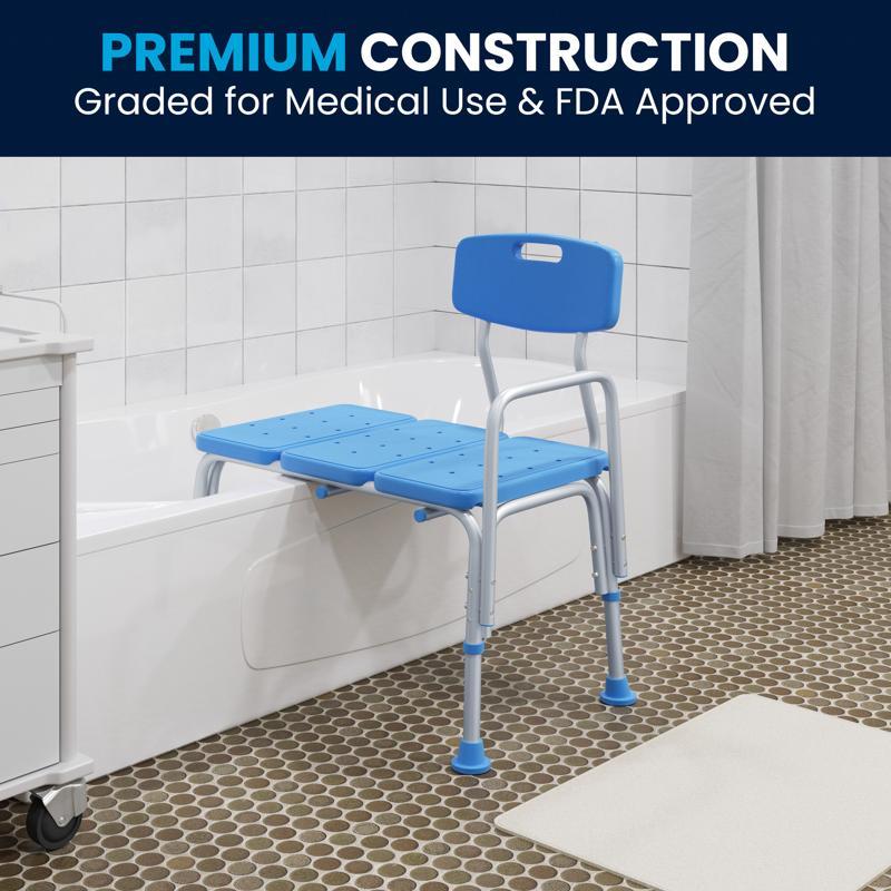 flash furniture HERCULES Adjustable Bath & Shower Transfer Bench with Height-Adjust Frame Supportive Back Side Arm 300 lbs. Static Weight Capacity in Blue