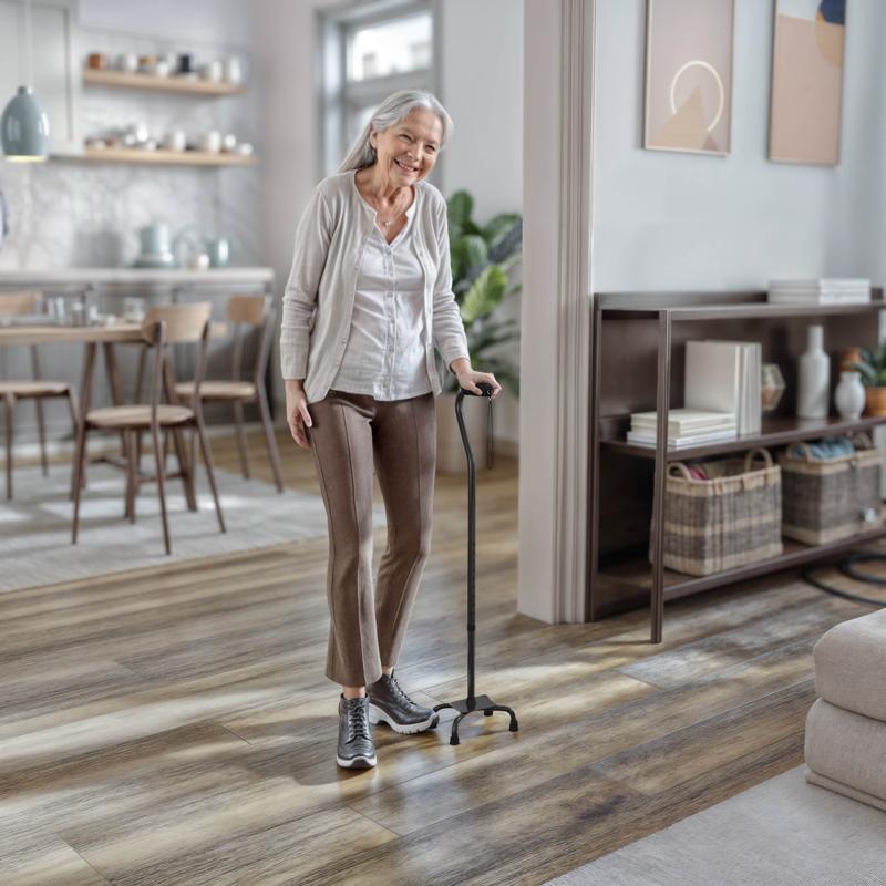 flash furniture HERCULES Adjustable Quad Cane with Comfort Grip Foam Padded Handle Large 4-Pronged Base for Stability and Left or Right Handed Use in Black