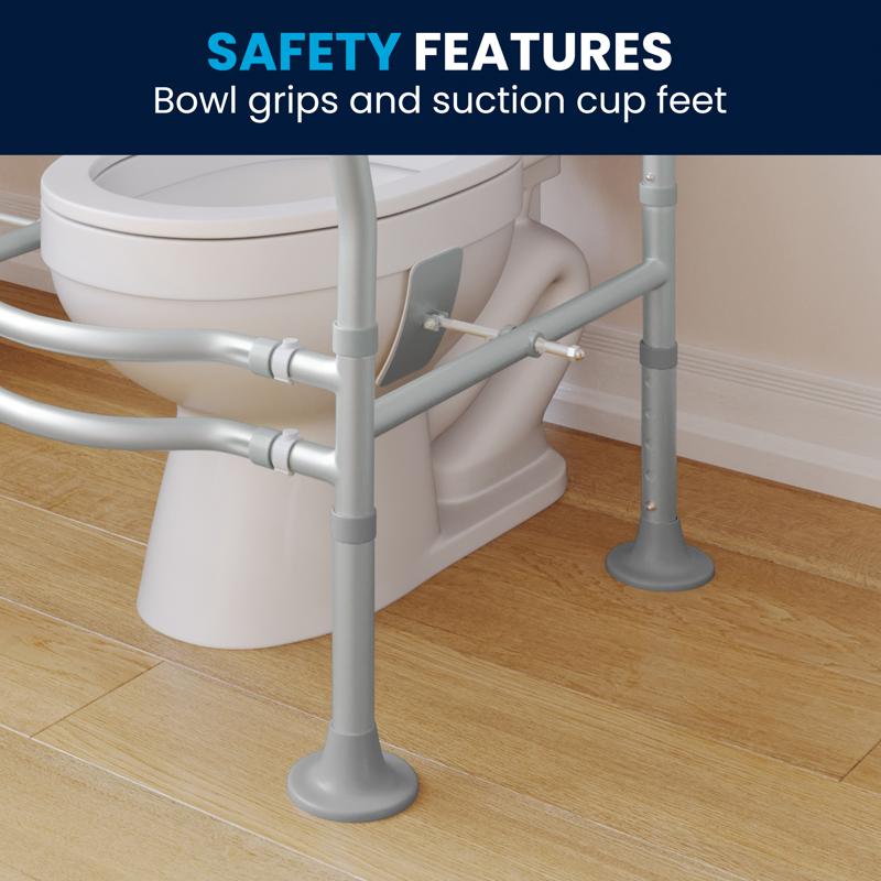 Flash Furniture HERCULES Adjustable Toilet Safety Rail With Silver Steel Frame Gray Padded Handles And Suction Cup Feet For Stability