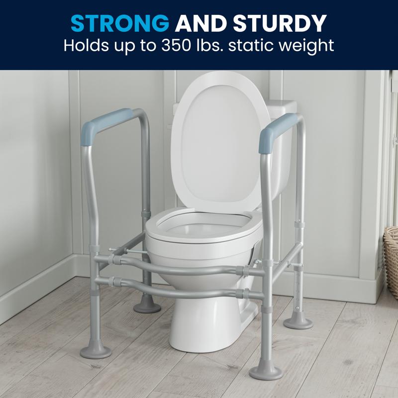Flash Furniture HERCULES Adjustable Toilet Safety Rail With Silver Steel Frame Gray Padded Handles And Suction Cup Feet For Stability