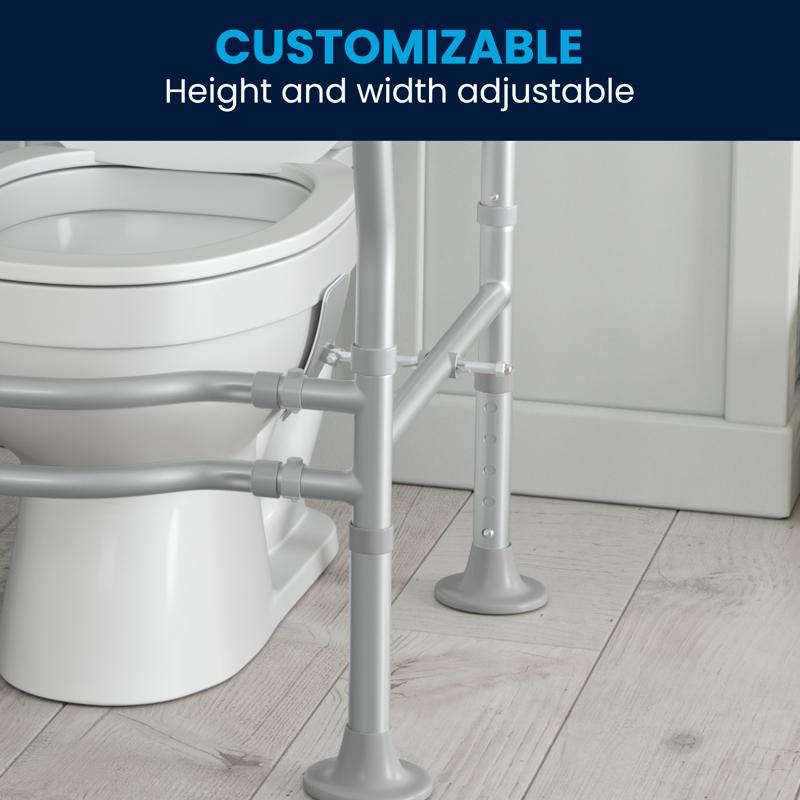 Flash Furniture HERCULES Adjustable Toilet Safety Rail With Silver Steel Frame Gray Padded Handles And Suction Cup Feet For Stability
