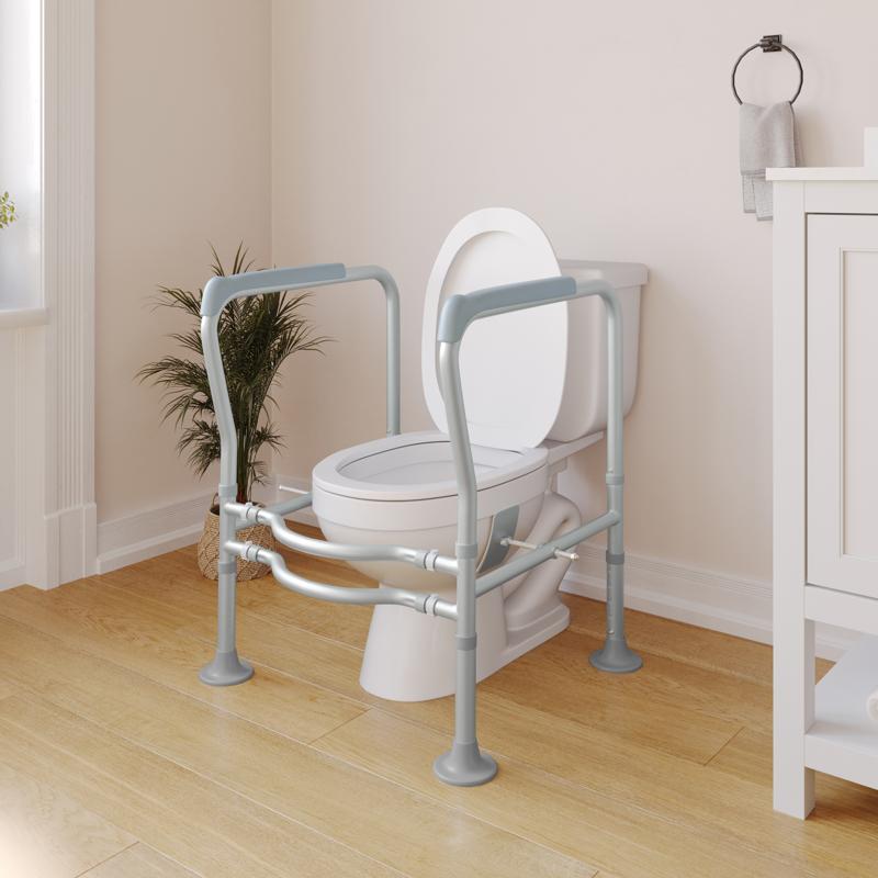 flash furniture HERCULES Adjustable Toilet Safety Rail with Silver Steel Frame Gray Padded Handles and Suction Cup Feet for Stability