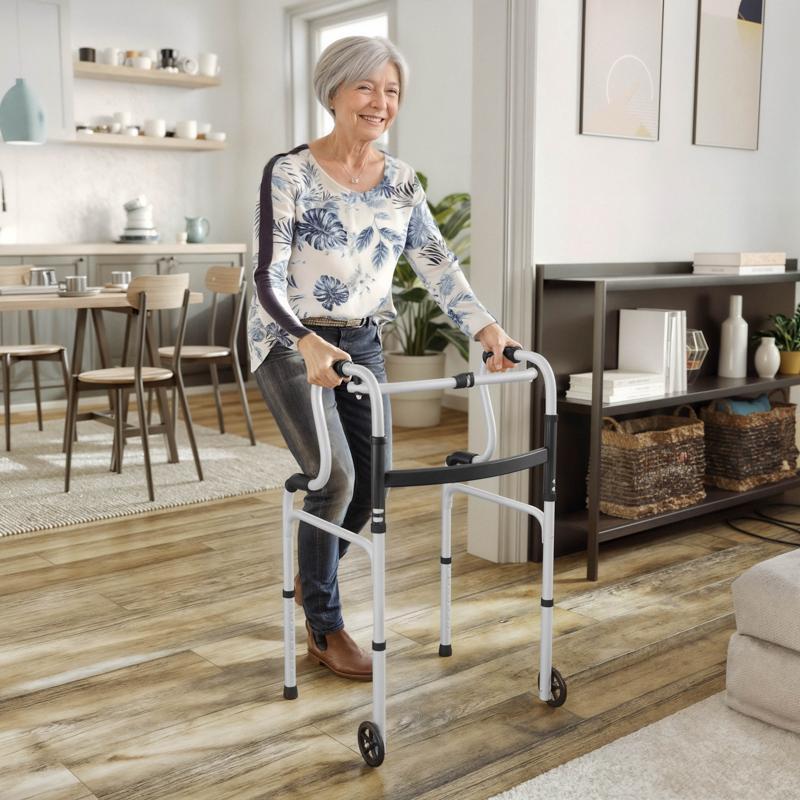 Flash Furniture HERCULES Bi-Level Folding Walker With Adjustable Height Interchangeable Wheels Or Feet Dual Frame Types And Lightweight Design In Gray