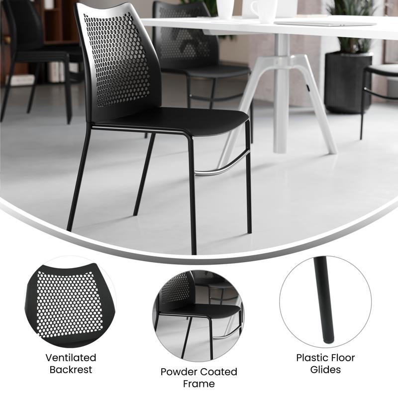 Flash Furniture HERCULES Black Stack Chair With Air-Vent Back Non-Sled Base And Black Powder Coated Metal Frame