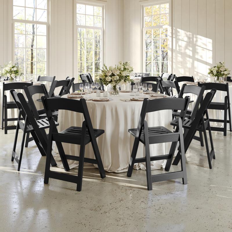 flash furniture HERCULES Commercial Black Indoor/Outdoor Lightweight Wood Look Resin Folding Event Chair with Slatted Seat