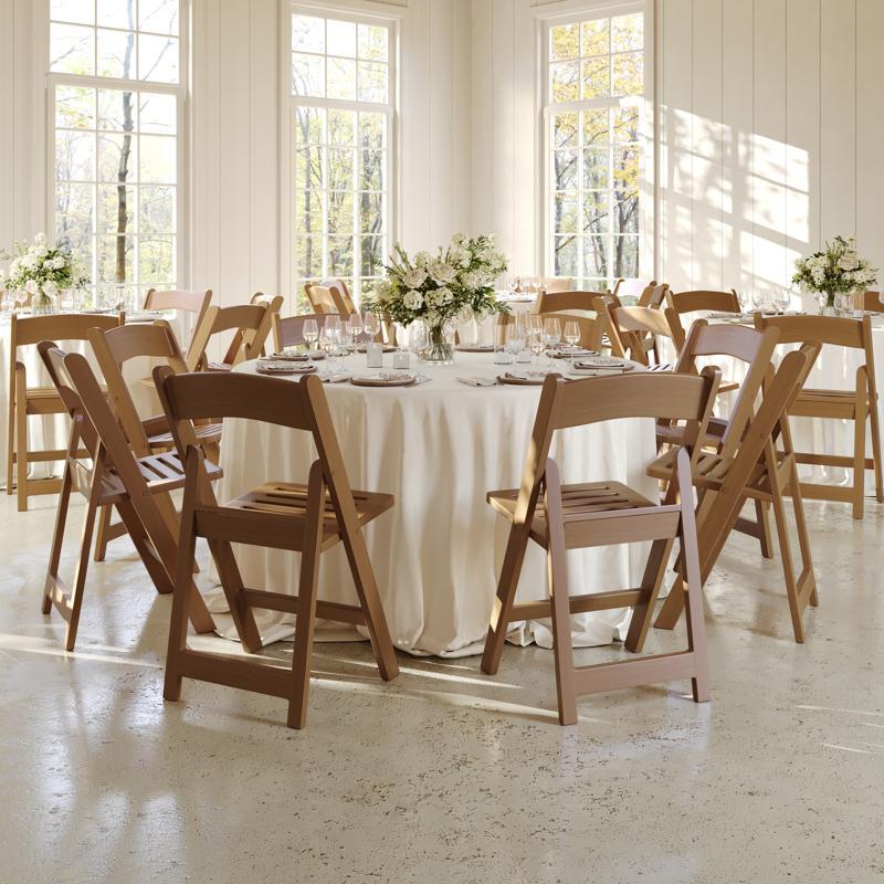 flash furniture HERCULES Commercial Chestnut Indoor/Outdoor Lightweight Wood Look Resin Folding Event Chair with Slatted Seat
