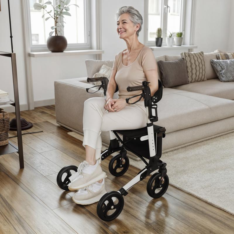 Flash Furniture HERCULES Folding Rollator Walker With Adjustable Height 360 Swivel And Hand Brakes In White/Black