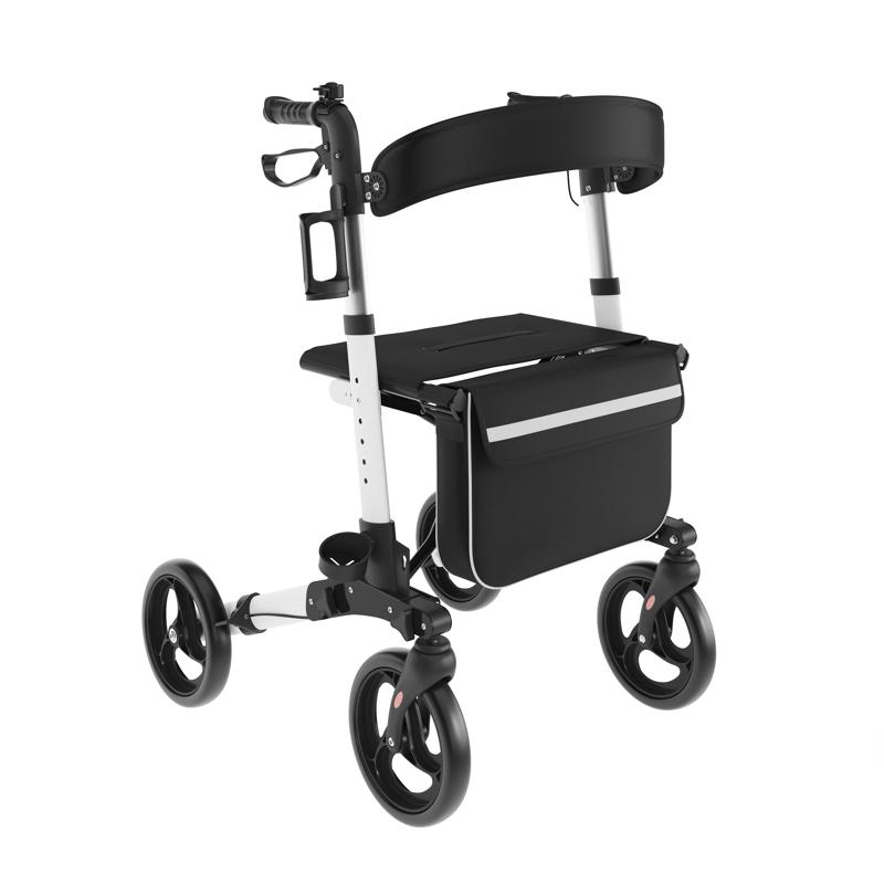 Flash Furniture HERCULES Folding Rollator Walker With Adjustable Height 360 Swivel And Hand Brakes In White/Black