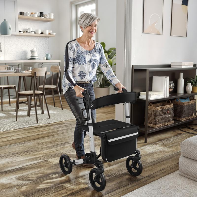 flash furniture HERCULES Folding Rollator Walker with Adjustable Height 360 Swivel and Hand Brakes in White/Black