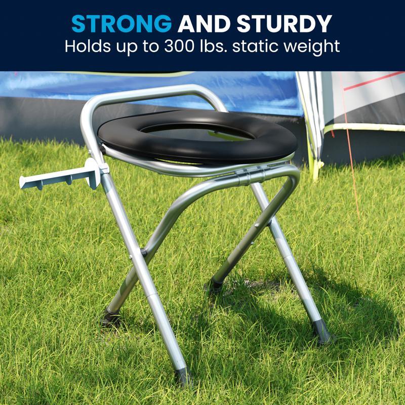 Flash Furniture HERCULES Folding Travel Toilet With Toilet Tissue Holder Cushioned Vinyl Seat And Stainless Steel Frame With Non-Slip Rubber Feet In Black