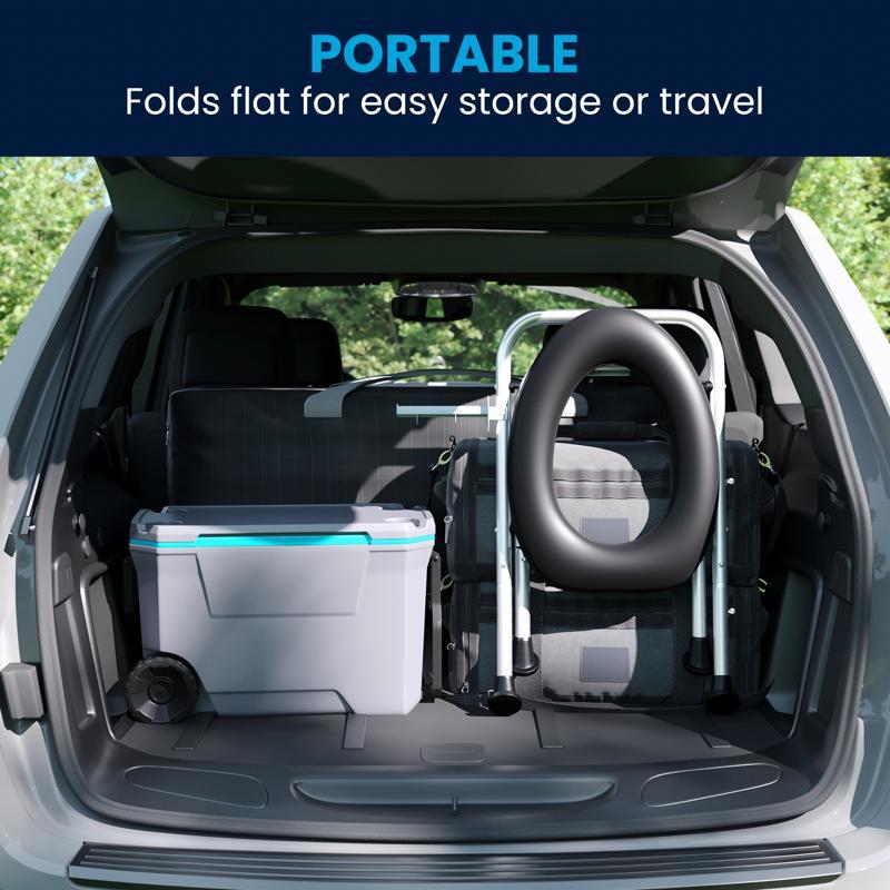 Flash Furniture HERCULES Folding Travel Toilet With Toilet Tissue Holder Cushioned Vinyl Seat And Stainless Steel Frame With Non-Slip Rubber Feet In Black