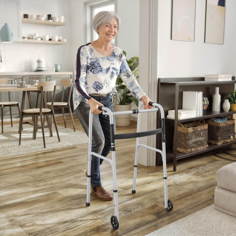 flash furniture HERCULES Folding Walker with Adjustable Height Interchangeable Wheels or Feet Dual Frame Types and Lightweight Design in Silver/Black