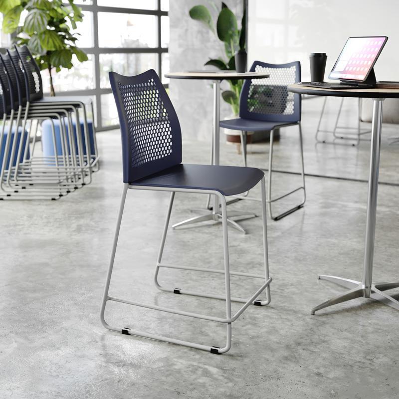 flash furniture HERCULES Navy Stack Counter Stool with Air-Vent Back and Gray Powder Coated Sled Base